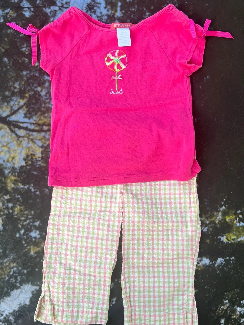VTG Y2K Gymboree Girls Size 4 2pc Pink Top & Plaid Seersucker Pants Set Lollipop
